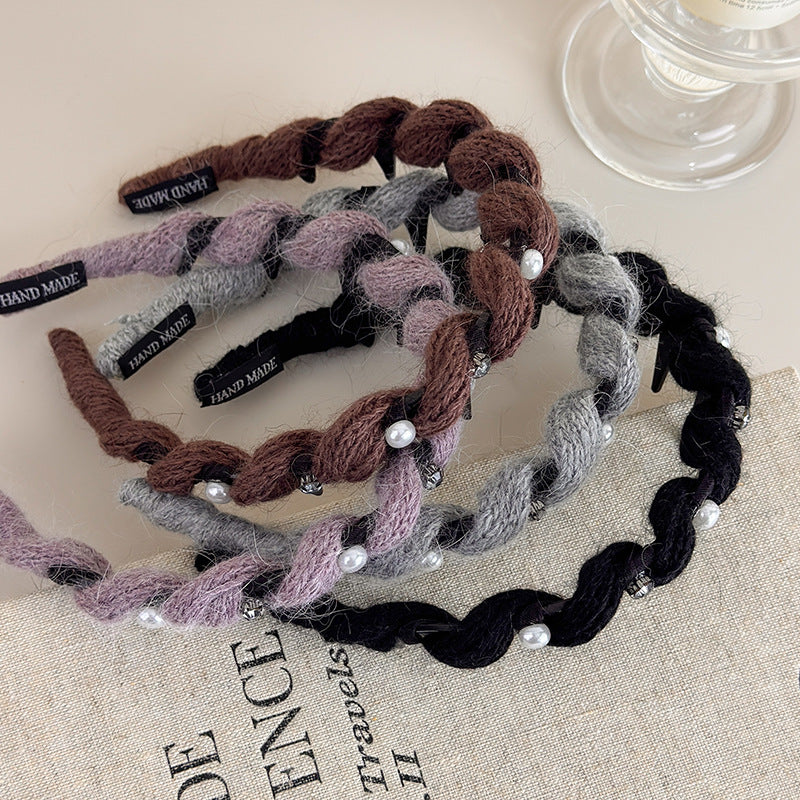 E廠-韓系閃鑽珍珠毛線波浪髮箍女高顱頂頭箍帶齒防滑外戴髮卡壓髮頭飾「27663」25.11-2