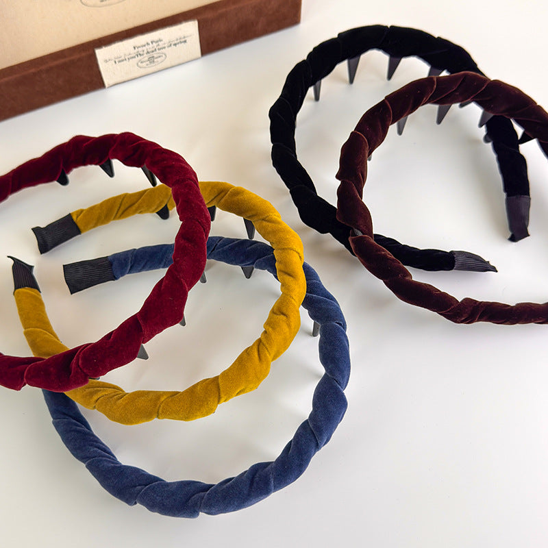 E廠-秋冬復古彩色絲絨波浪倒插梳帶齒髮箍韓版高顱頂碎髮髮卡頭箍頭飾「27384」25.08-5