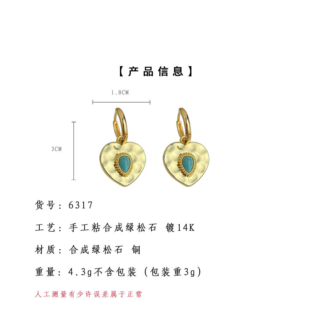 A廠-文藝復古中古風合成綠松石心形耳環氣質質耳飾貨源「6317」25.07-3