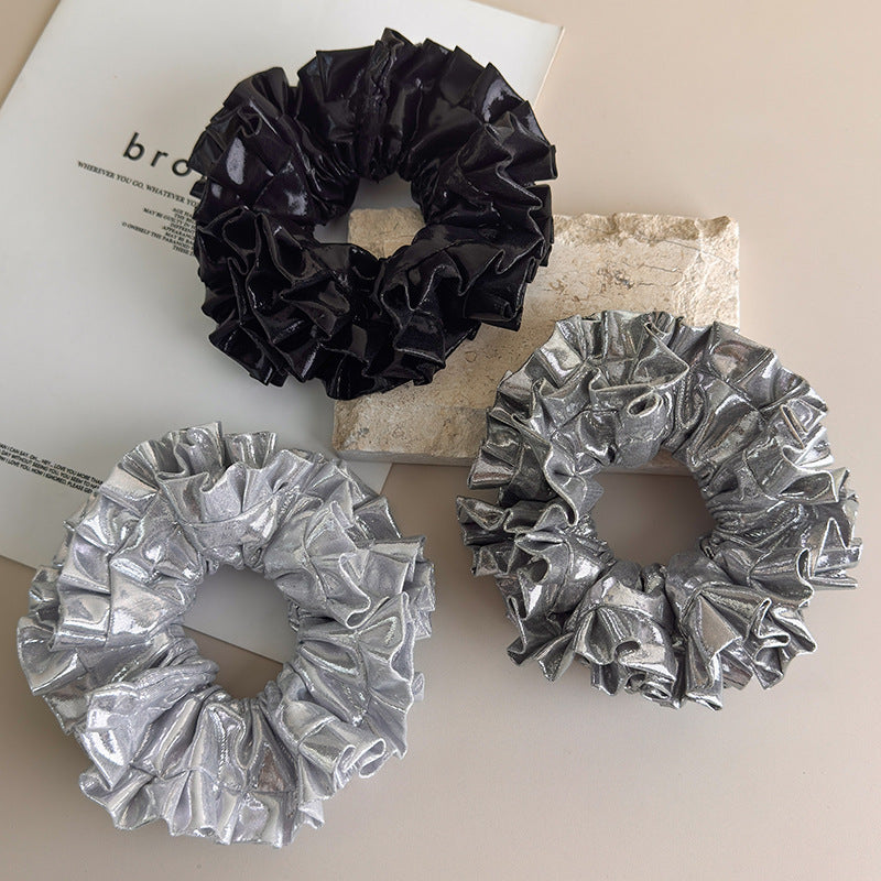 E廠-重工金屬銀色鐳射大腸髮圈女大號繡毬花褶皺髮圈頭花個性髮飾新「27394」25.08-5
