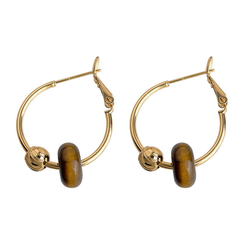 A廠-文藝復古天然石虎眼石圓形幾何銀針高級感耳環女圓圈新工廠「7113」25.11-3