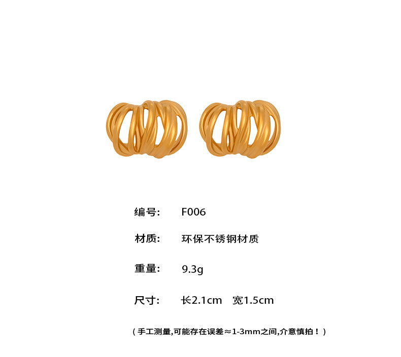 B廠-重工鑄造C型耳釘多層線條纏繞耳圈不鏽鋼時尚新款耳環批發「F006」25.05-3