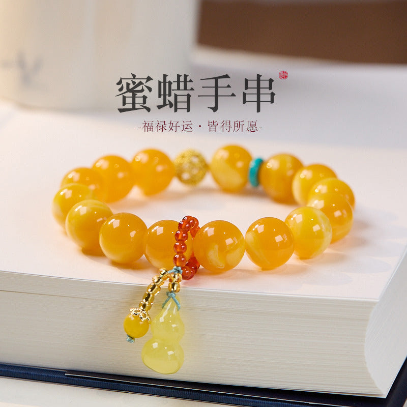 AS廠-二代蜜蠟手串男女款12MM雞油黃蜜蠟葫蘆文玩輕奢小眾精緻福祿手鍊「ML121D234」25.07-2