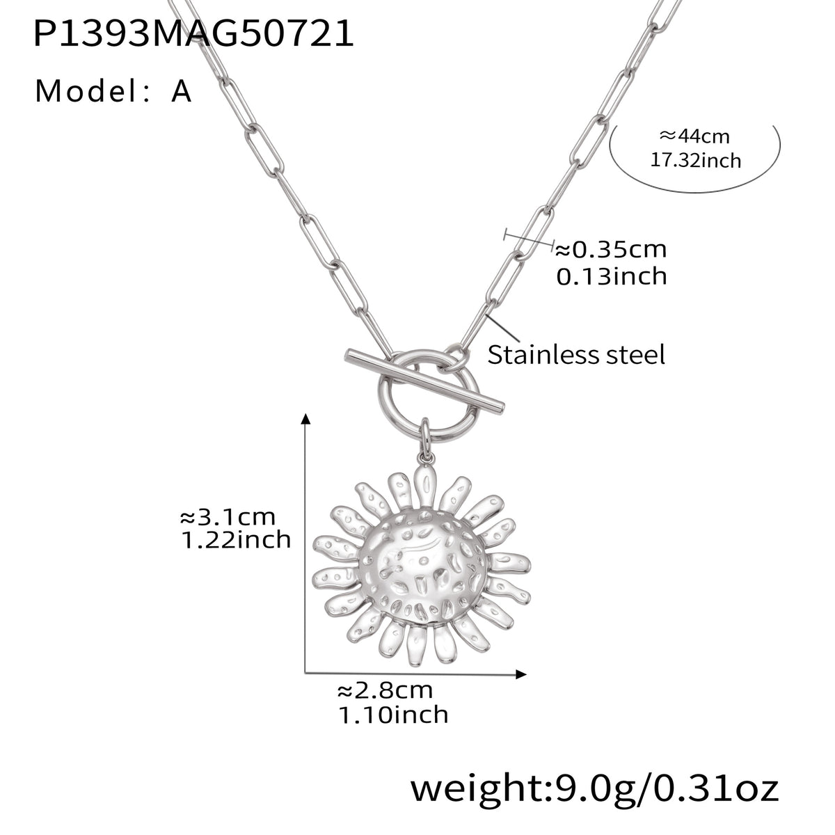 B廠-18k真金不鏽鋼錘紋太陽花OT扣項鍊歐美新款個性設計感飾品「P1393」25.07-4