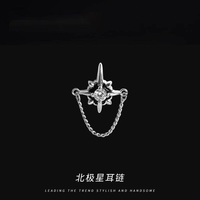 G廠-北極星鏈條耳釘潮男個性小眾輕奢冷淡風八芒星鑲鑽耳骨釘男士耳飾「ER578」24.11-2