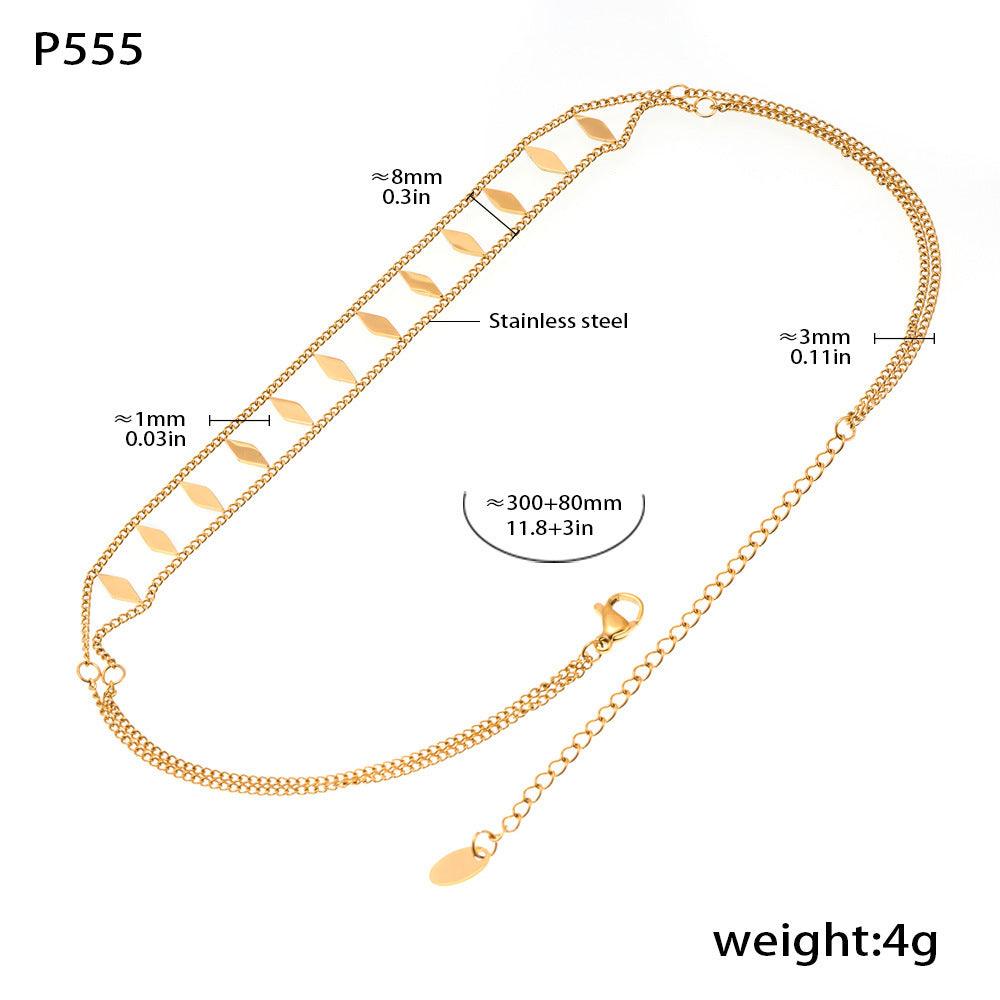 B廠-菱形亮片雙層小眾項鍊手鍊女ins風輕奢簡約不鏽鋼套裝飾品「P555-E262」25.04-1