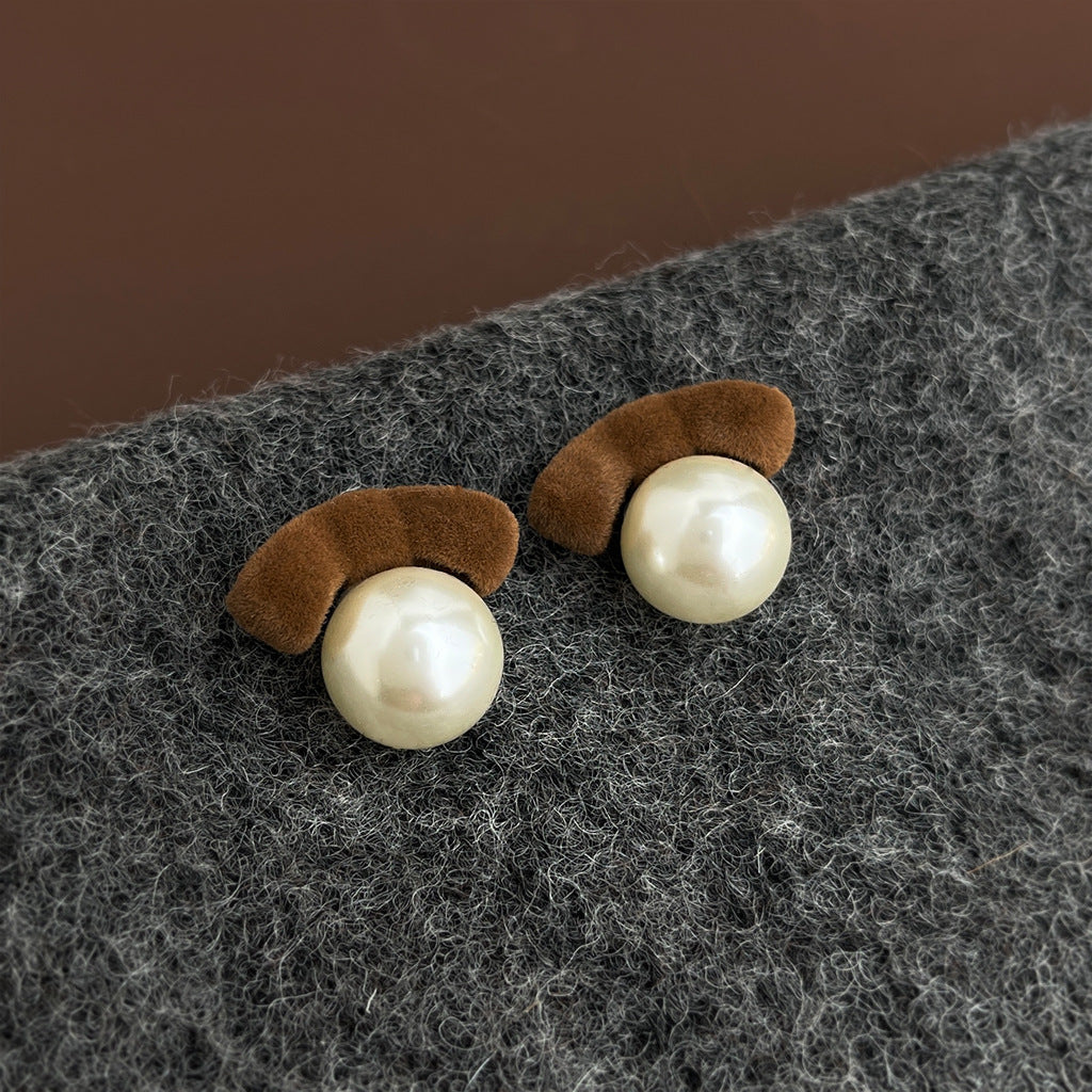 A廠-冬天款文藝復古酒紅植絨溫暖新款銀針蝴蝶結珍珠耳環氣質耳飾「7134-7135」25.11-3