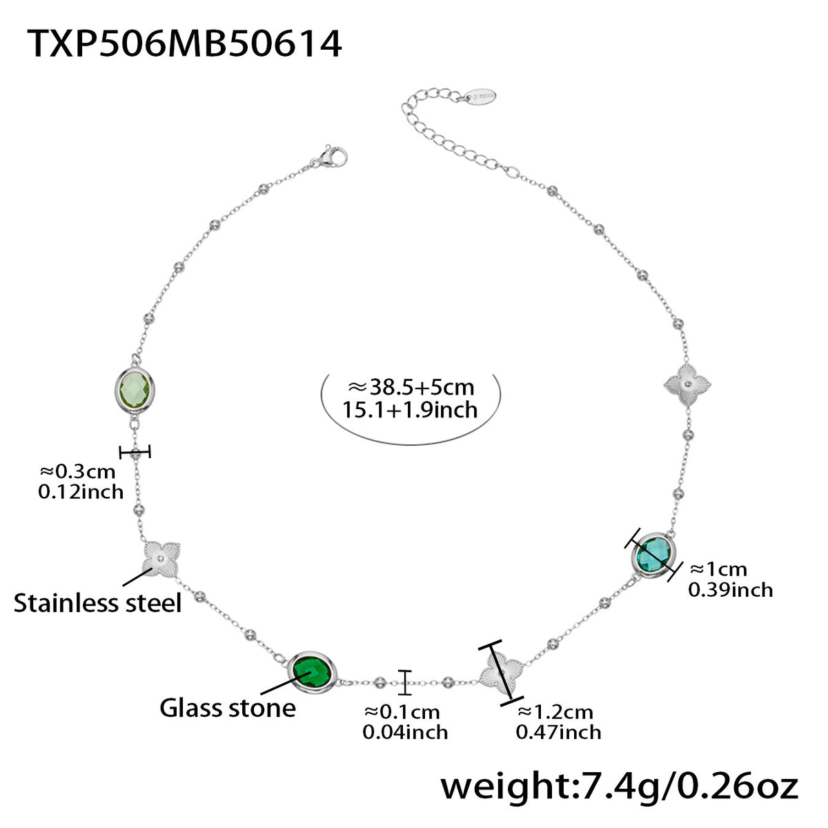 B廠-不鏽鋼十字夾珠鏈橢圓包邊切面玻璃石項鍊耳環首飾套裝鍍18k真金「TXP506」25.12-1