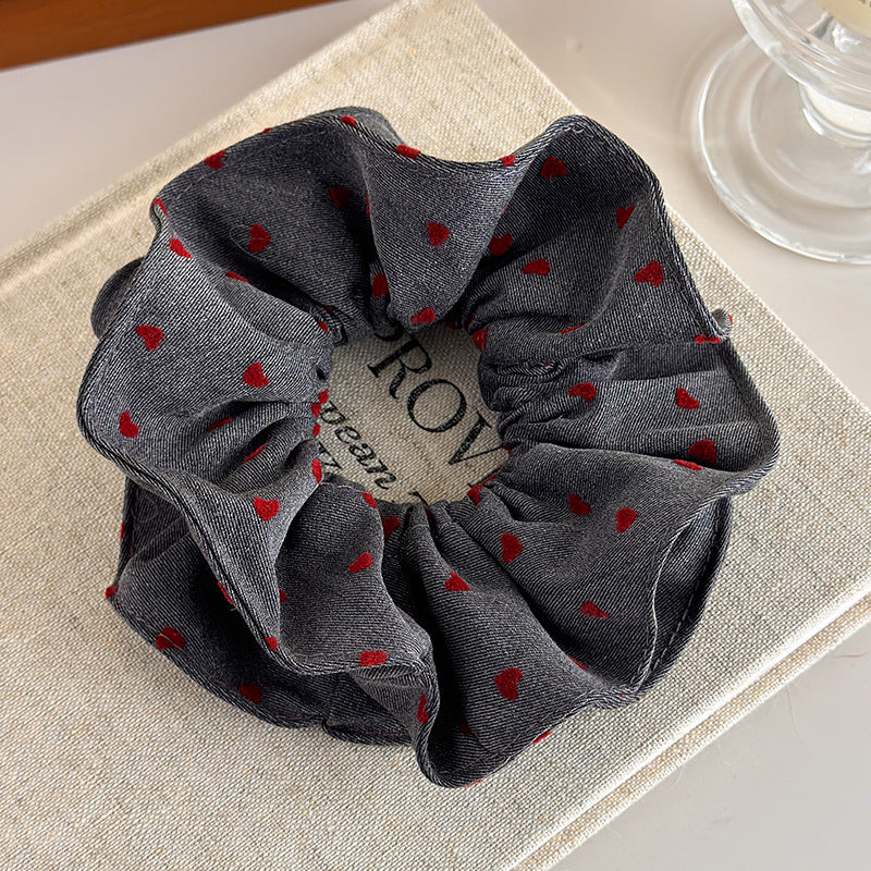 E廠-秋冬紅色波點愛心印花肥腸圈髮圈甜美時尚韓版灰色系溫柔復古髮繩「27665」25.11-2