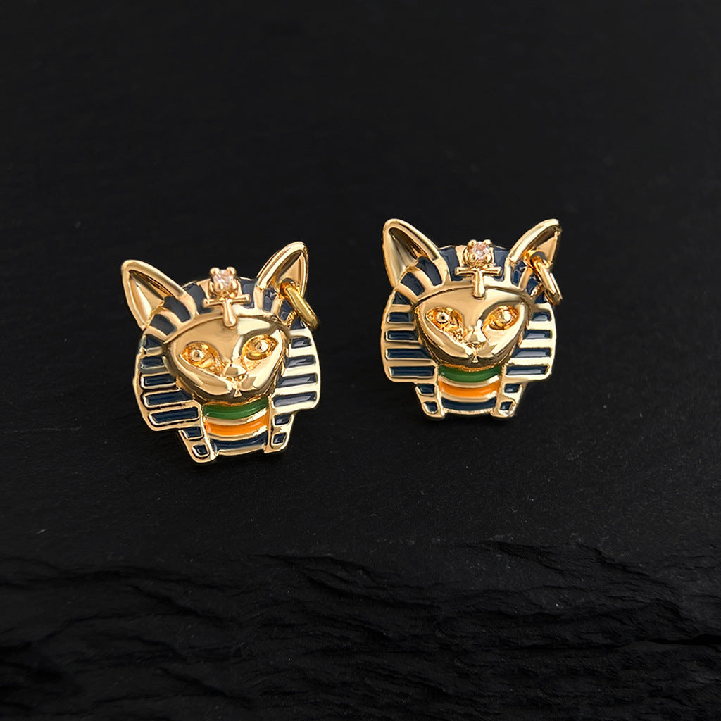 A廠-原創中古風埃及貓頭法老925銀針鍍14K琺瑯滴釉彩繪耳釘「6467」25.07-4