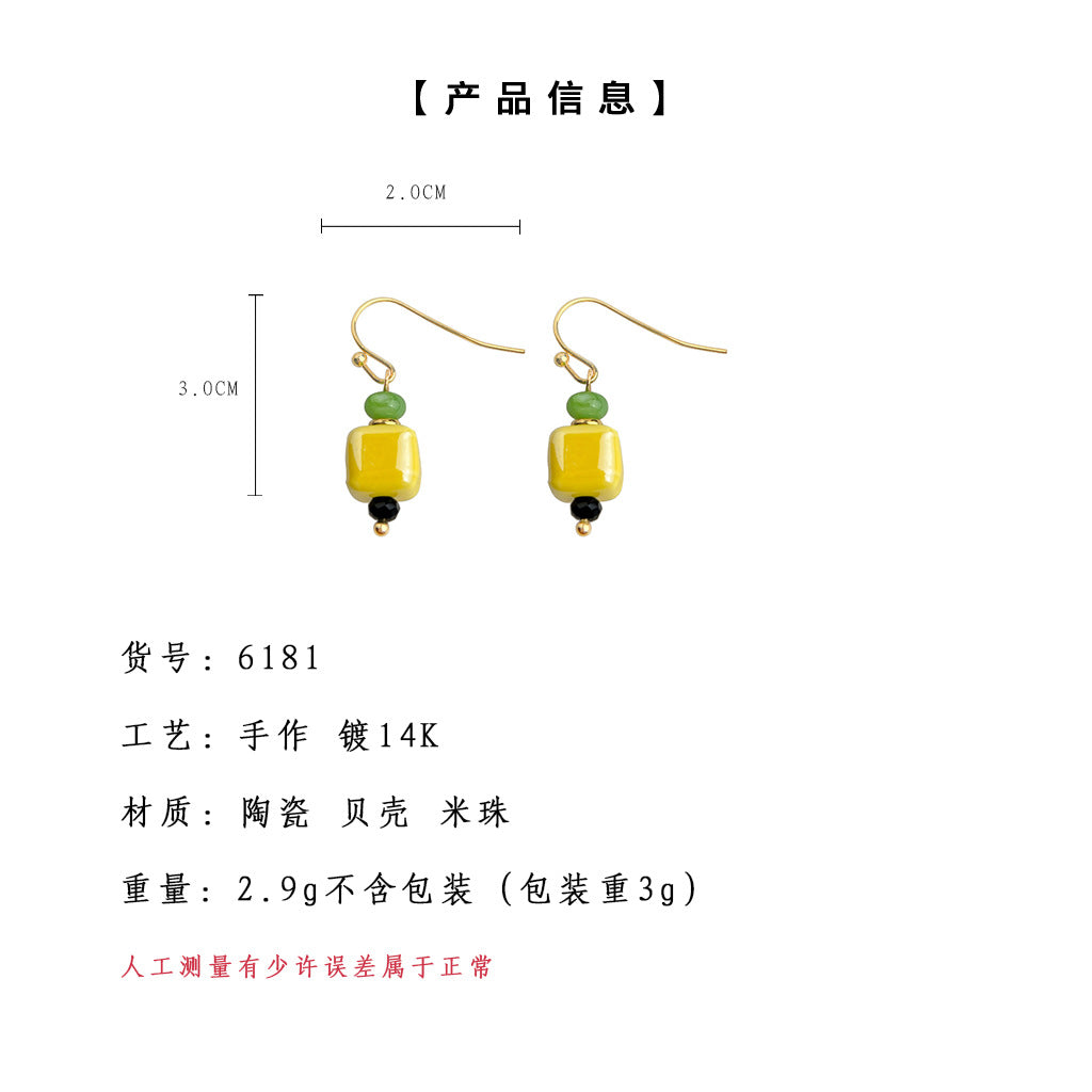 A廠-全新中式黃色陶瓷幾何方形手工耳環女氣質個性新款耳環工廠飾品「6181」25.06-1