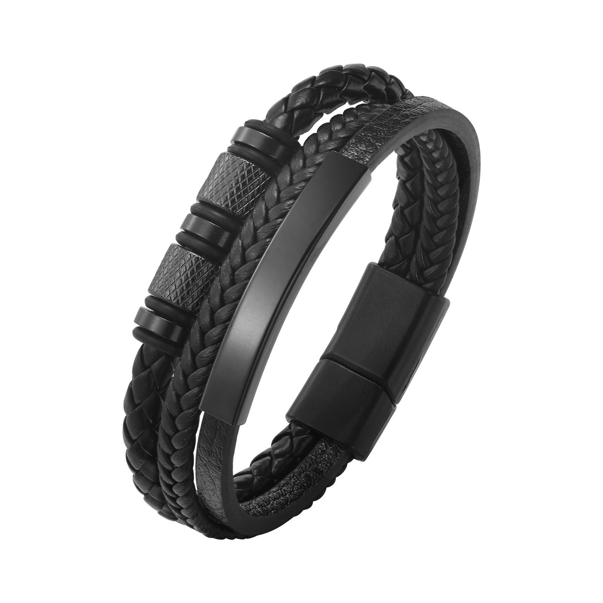 G廠-不鏽鋼彎通黑色PU皮革三層手鐲男士首飾「BL-703」25.09-1