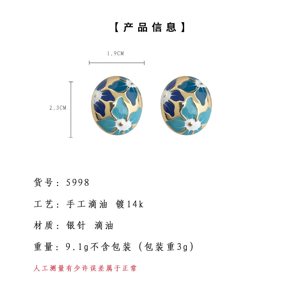 A廠-實物很美！夏日新花叢漸變藍花朵琺瑯滴釉銀針新耳飾工廠耳釘「5998」25.05-2