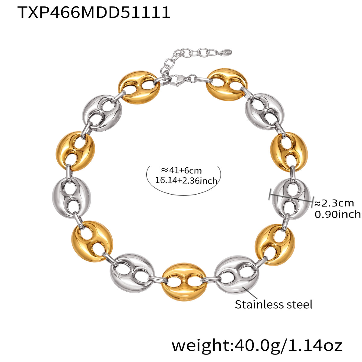 B廠-時尚輕奢風光面橢圓形豬鼻子項鍊手鍊套裝不鏽鋼鍍18k真金「TXP466」25.11-3