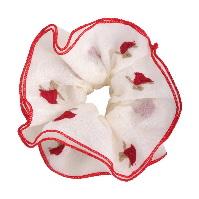 E廠-紅色刺繡玫瑰花朵大腸髮圈2025春夏新款扎髮丸子頭高端髮繩頭繩女「26652」25.03-2
