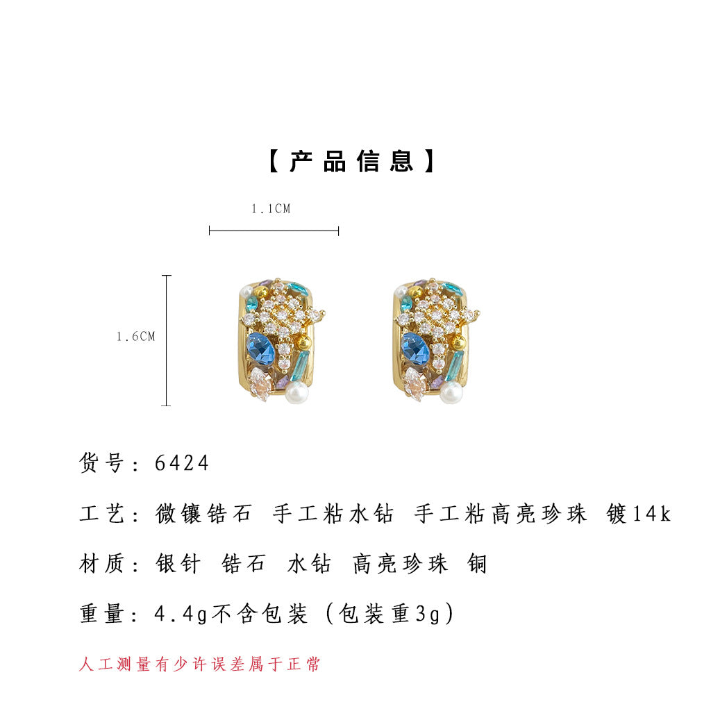 A廠-時尚高級感輕奢風微鑲鋯石幾何925銀針耳環 氣質優雅新款耳環「6424」25.07-2