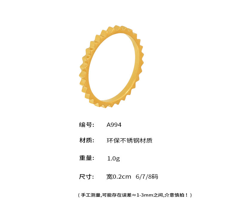 B廠-超細素圈立體齒輪戒水波紋戒指歐美風不鏽鋼不掉色疊戴指環「A994」25.04-4