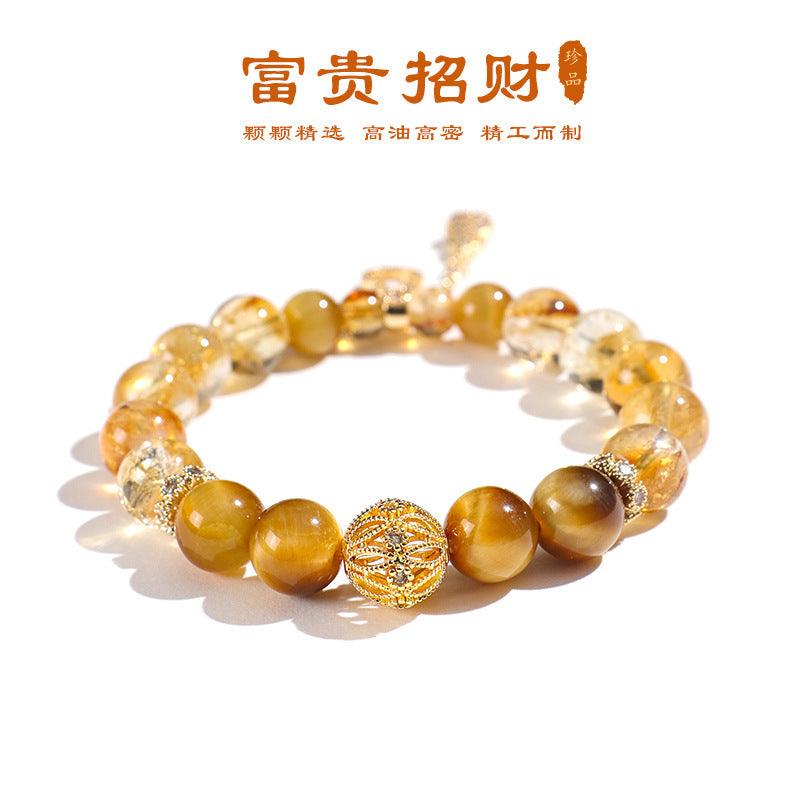 AS廠-天然阿塞黃水晶10mm圓珠手鍊單圈配10mm金虎眼手工編織手串批發「AL891750」25.02-3