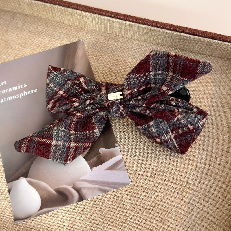 E廠-韓ins愛心波點毛呢格紋蝴蝶結金標後腦勺盤髮夾扎馬尾橫夾髮夾「27749」25.12-1