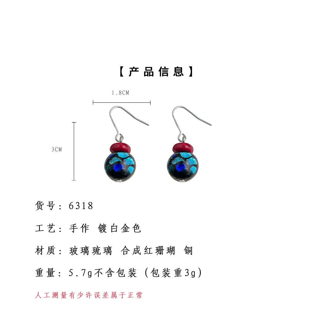 A廠-文藝復古新中式民族風玻璃琉璃花紋圓形水滴耳飾耳環「6318」25.07-1