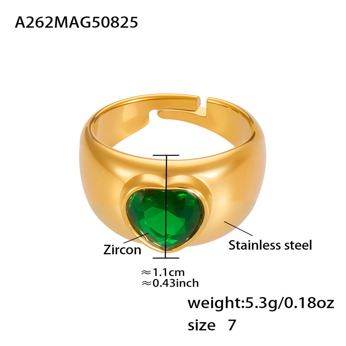 B廠-歐美跨境新款飾品5A鋯石愛心開口戒指組合不鏽鋼18k鍍真金「A262」25.08-5