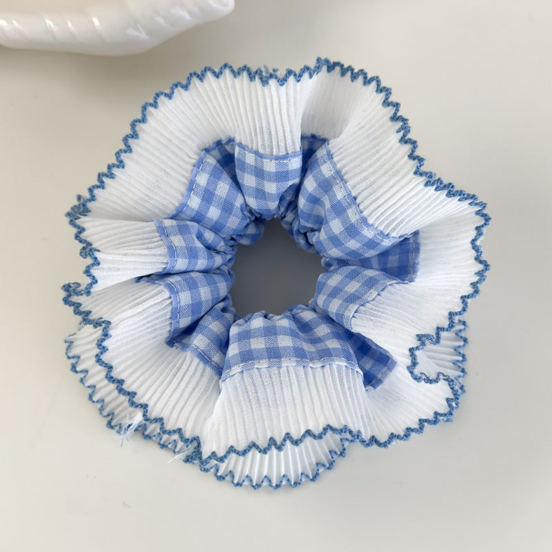 E廠-春夏新款藍色系蕾絲格子大腸髮圈女小蠻腰頭飾丸子頭大號髮繩髮飾「26536C 26481D 26844」25.04-4