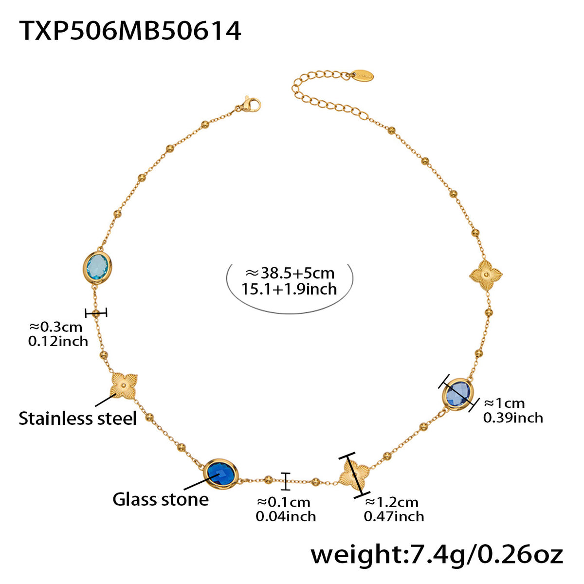 B廠-不鏽鋼十字夾珠鏈橢圓包邊切面玻璃石項鍊耳環首飾套裝鍍18k真金「TXP506」25.12-1