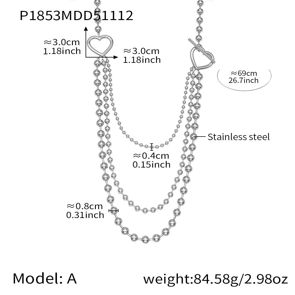 B廠-歐美拼色不鏽鋼愛心扣多層圓珠鏈項鍊ins個性時尚百搭飾品「P1853」25.11-3