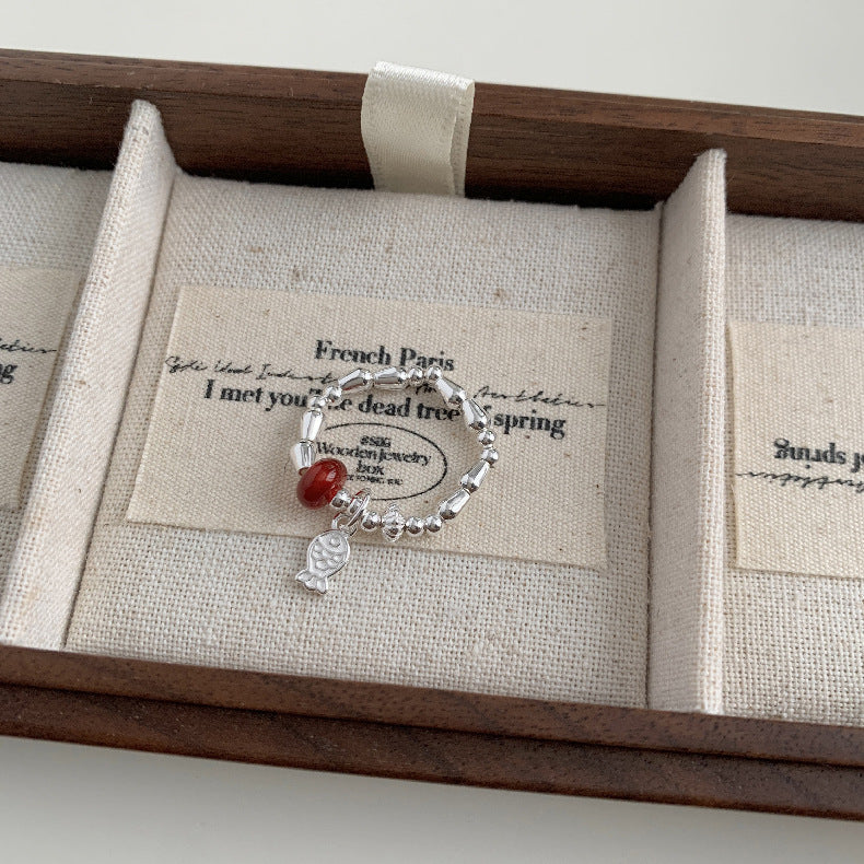 C廠-新中式國風古風小魚兒紅瑪瑙S925純銀戒指彈力戒指S925純銀手鍊「1511」25.11-3