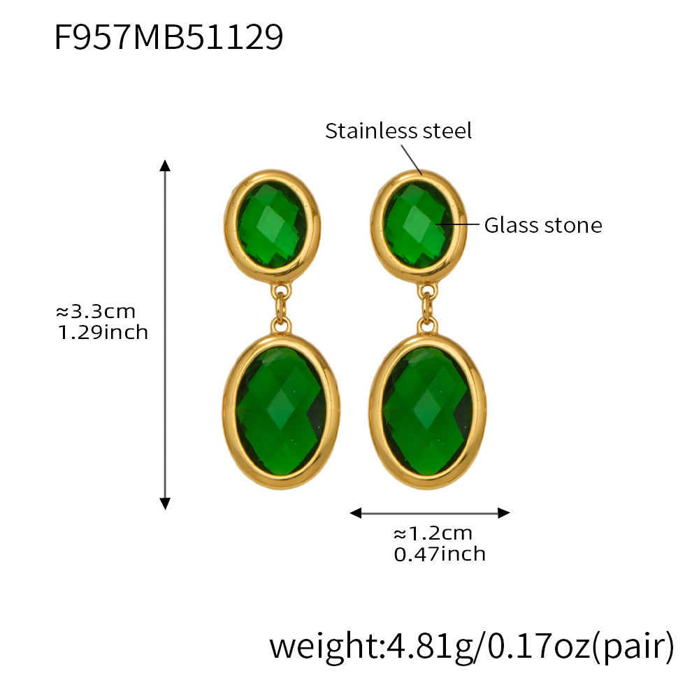 B廠-不鏽鋼幾何橢圓吊墜切面玻璃石耳環ins小眾設計百搭耳飾鍍18k真金「F957」25.12-1