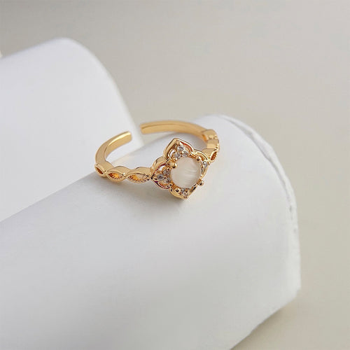 A廠-高級感輕奢風玻璃貓眼石設計感電鍍14K開口可調整戒指食指戒指環「4045」24.05-2