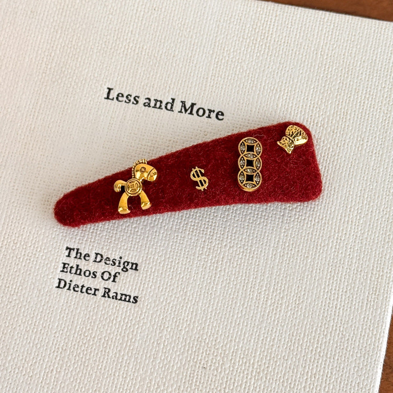 E廠-馬上有錢花新年紅色喜慶髮夾高級設計感豹紋側邊瀏海碎髮BB夾髮卡「27821」25.12-3