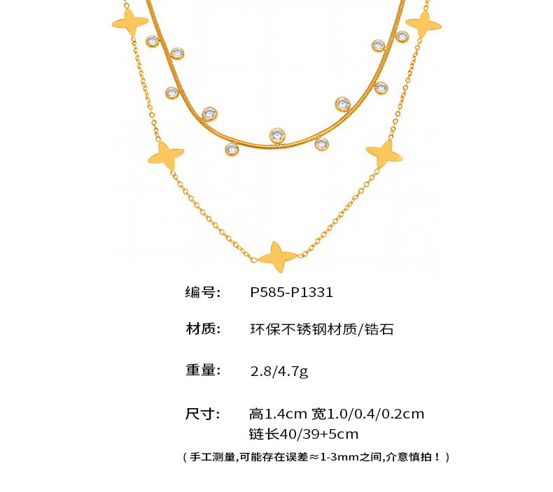 B廠-5A圓珠鋯石疊戴幸運四葉花朵小巧鎖骨鏈輕奢項鍊不鏽鋼頸鏈「P1331-P585」25.05-1