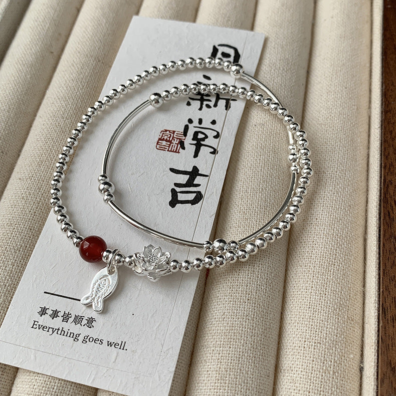 C廠-新中式國風古風年年有餘小魚兒蓮花雙層手鍊女式S925純銀手鍊手串「816」25.06-1