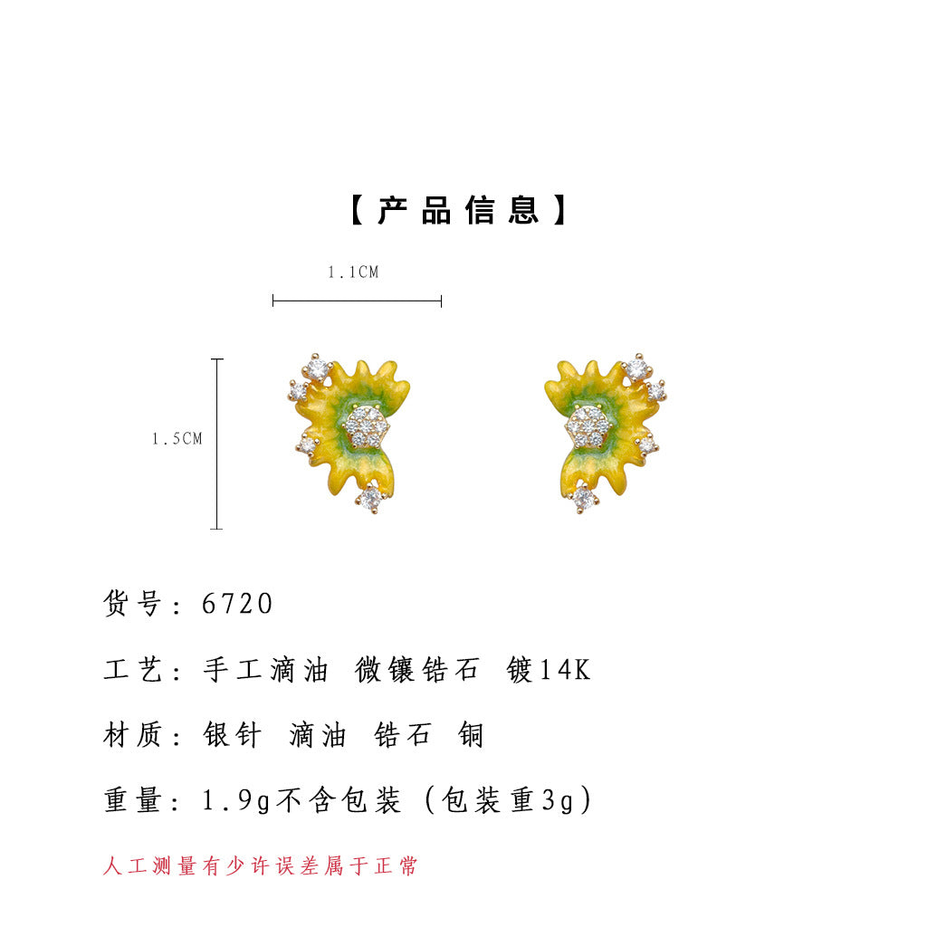 A廠-【向陽】原創微鑲鋯石925銀針手工彩繪向日葵耳環時尚高級感耳飾「6720」25.09-2