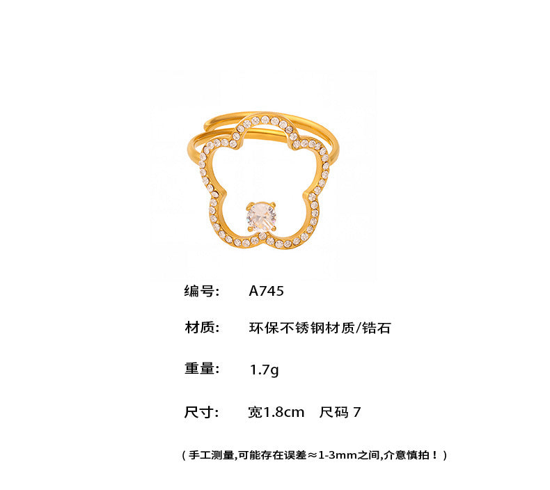 B廠-5A超閃鋯石花朵戒指不鏽鋼18K真金開口設計精緻氣質食指戒「A745」25.05-3