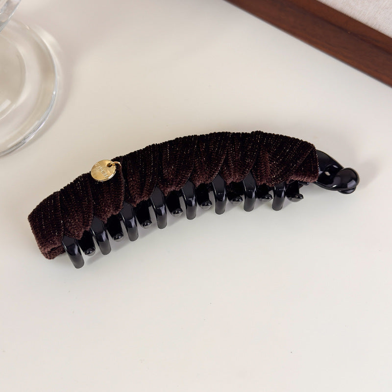 E廠-秋冬復古絨布三角抓夾輕奢純色布藝纏繞香蕉夾高級感扎馬尾竪夾「27720」25.11-4