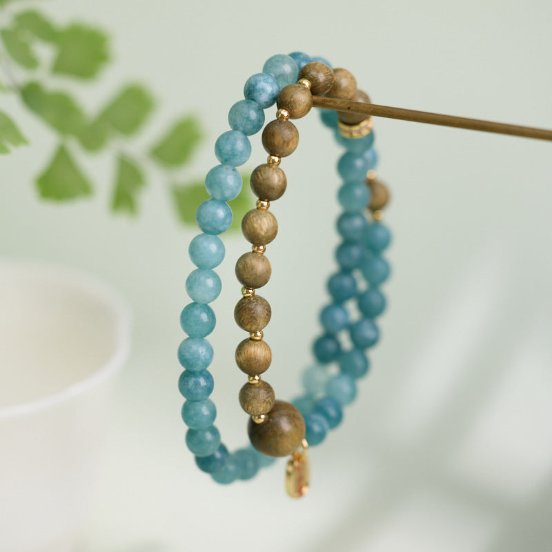 AS廠-九華祈福6MM綠檀手串藍水玉髓上岸雙圈手鍊新中式檀木手串批發「CL062J031」25.07-4