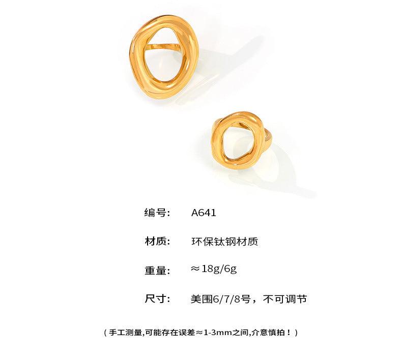 B廠-INS韓國飾品極簡百搭戒指設計鈦鋼鍍18k金幾何鏤空不規則圓圈指環「A641」24.05-3
