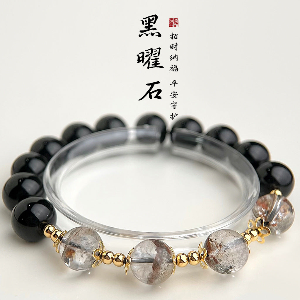 A廠-天然石黑曜石幽靈石水晶手串原創設計 新中式文藝氣質手飾工廠飾品「5801」25.04-3