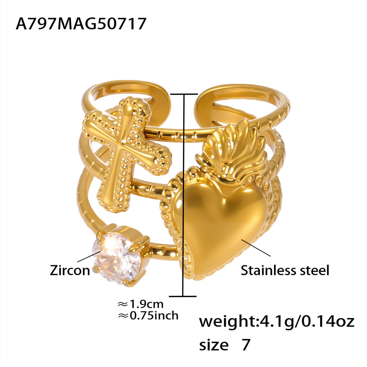 B廠-超閃鋯石八芒星開口鏤空戒指不鏽鋼18K金歐美網紅同款飾品「A790」25.07-4