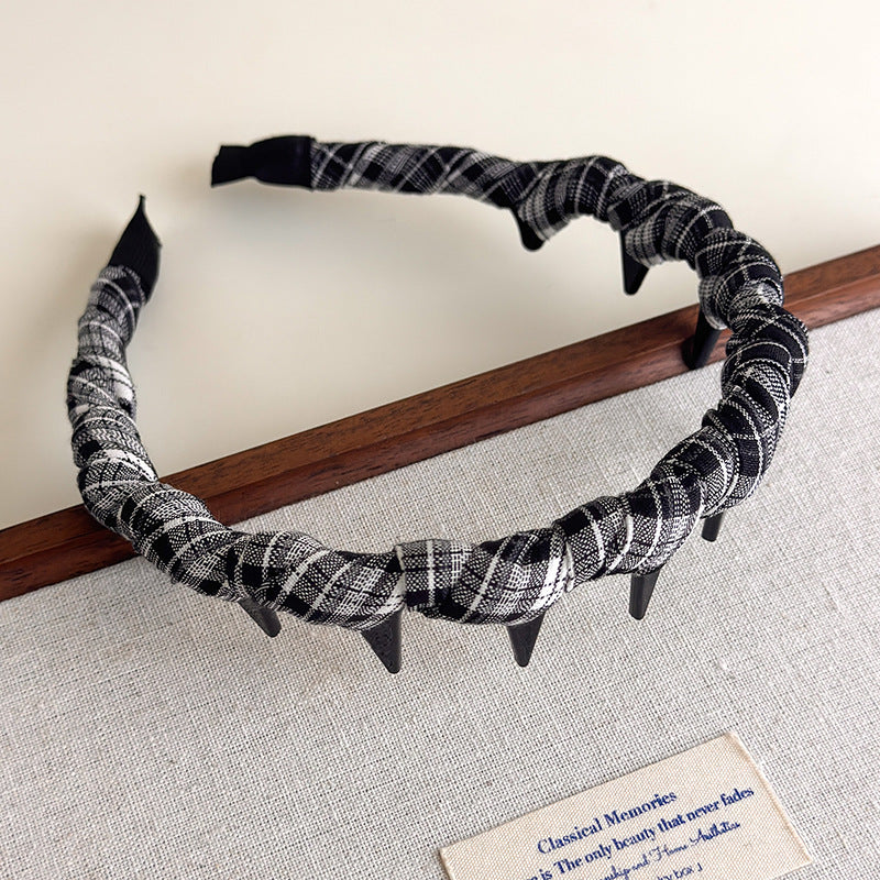 E廠-韓版格紋纏繞髮箍復古格子網紅百搭壓髮波浪帶齒頭箍高顱頂頭飾「27343」25.08-3
