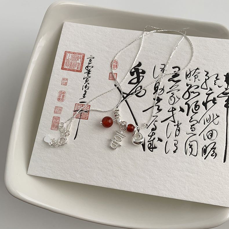 C廠-復古風喜樂福袋招財貓錢幣納福紅瑪瑙S92純銀項鍊女士「X990」25.05-1