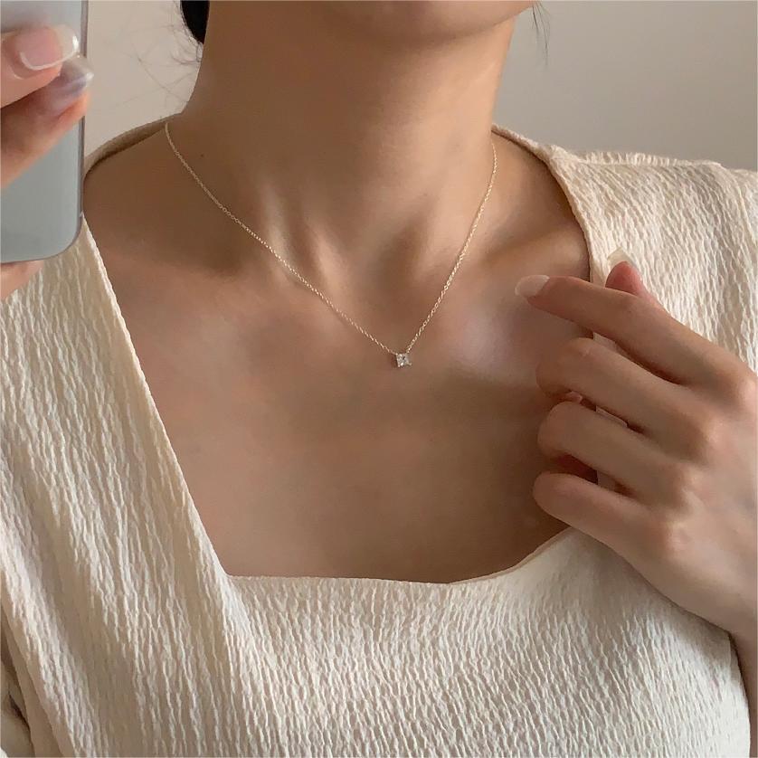 F廠-韓國韓版925純銀四爪方鋯項鍊簡約ins網紅抖音小紅書項鍊「B1197」25.12-2