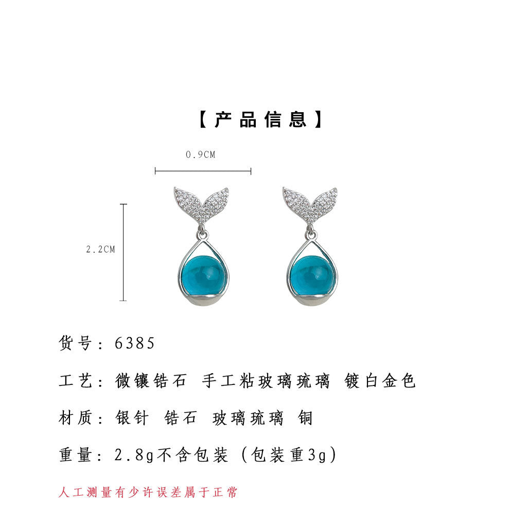 A廠-微鑲鋯石925銀針清新甜美透感玻璃琉璃魚尾耳飾 度假風新款耳環批發「6385」25.07-1