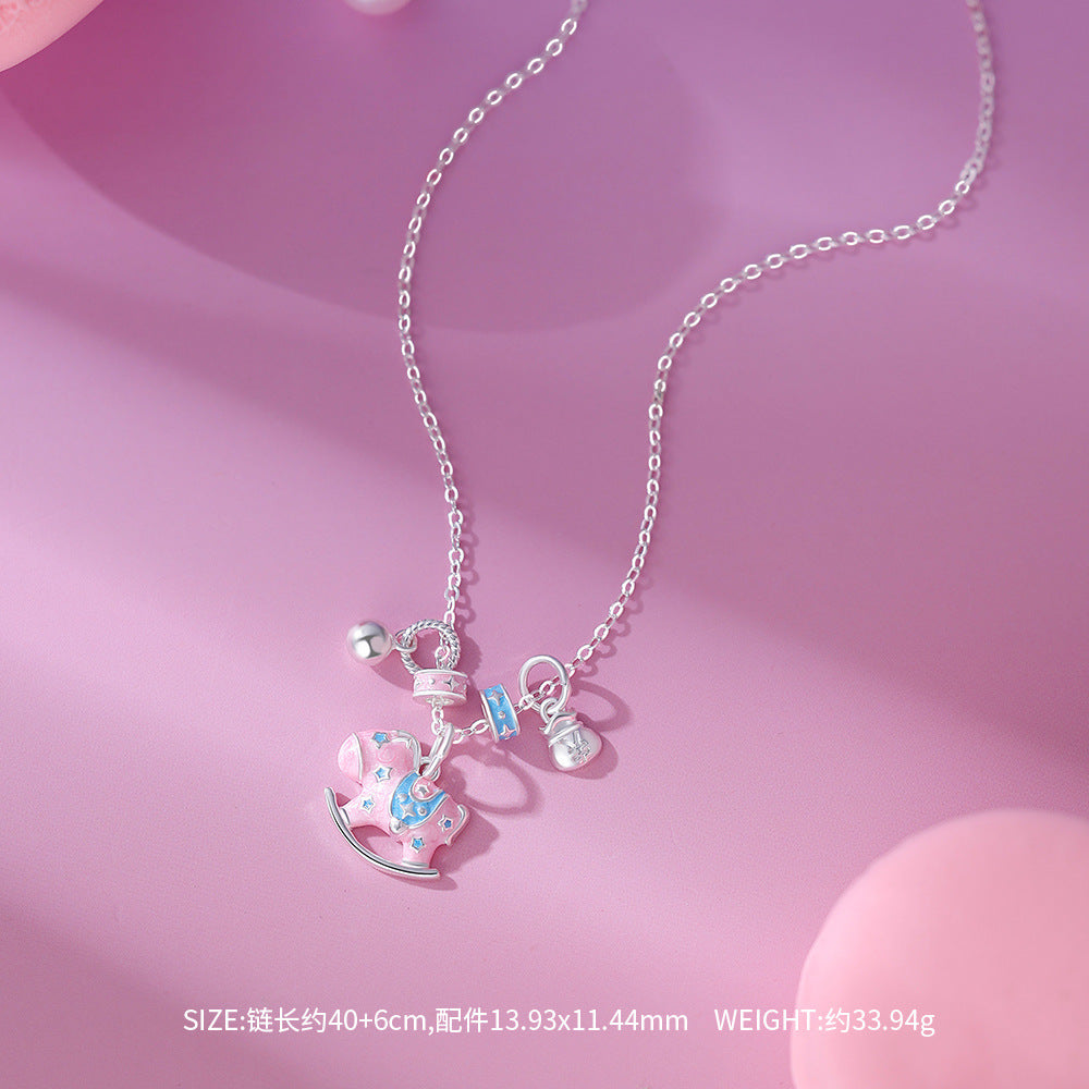 D廠-原創足銀S999搖搖馬項鍊女生肖馬多巴胺童趣國風創意鎖骨鏈批發「YC1589N_1」25.12-1