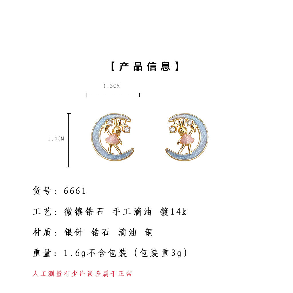 A廠-月兔原創設計師925銀針微鑲鋯石手工彩繪電鍍14K清新甜美耳飾耳環「6661」25.08-5