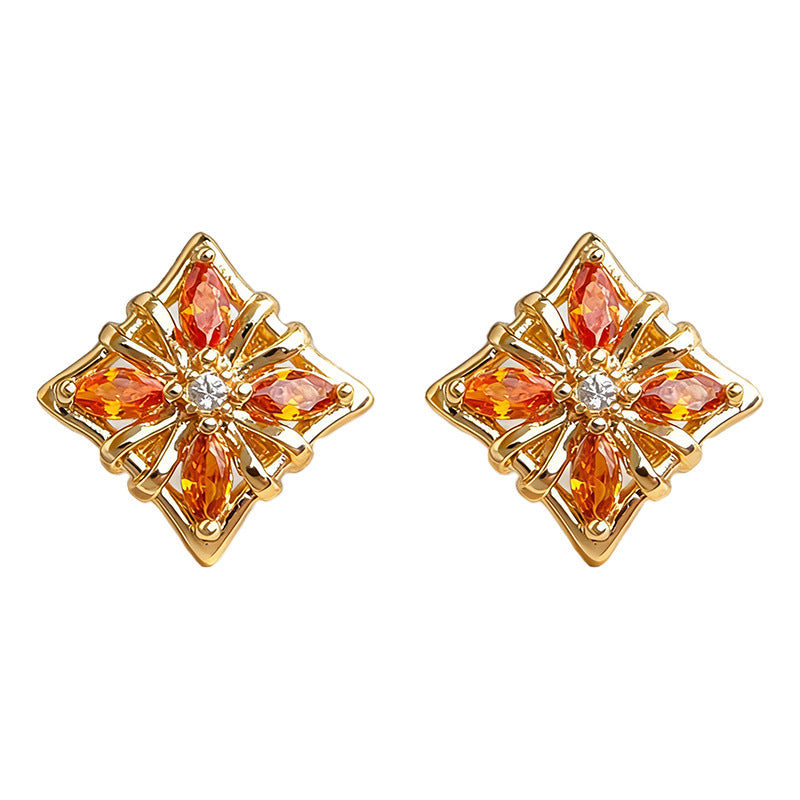 A廠-原創時尚高級感925銀針微鑲鋯石橘紅色新款小耳環「7251」25.12-3