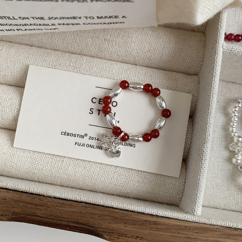 C廠-古風花朵葉子福袋小馬元寶蘋果紅瑪瑙彈力戒指S925純銀戒指女士「RB」25.11-4