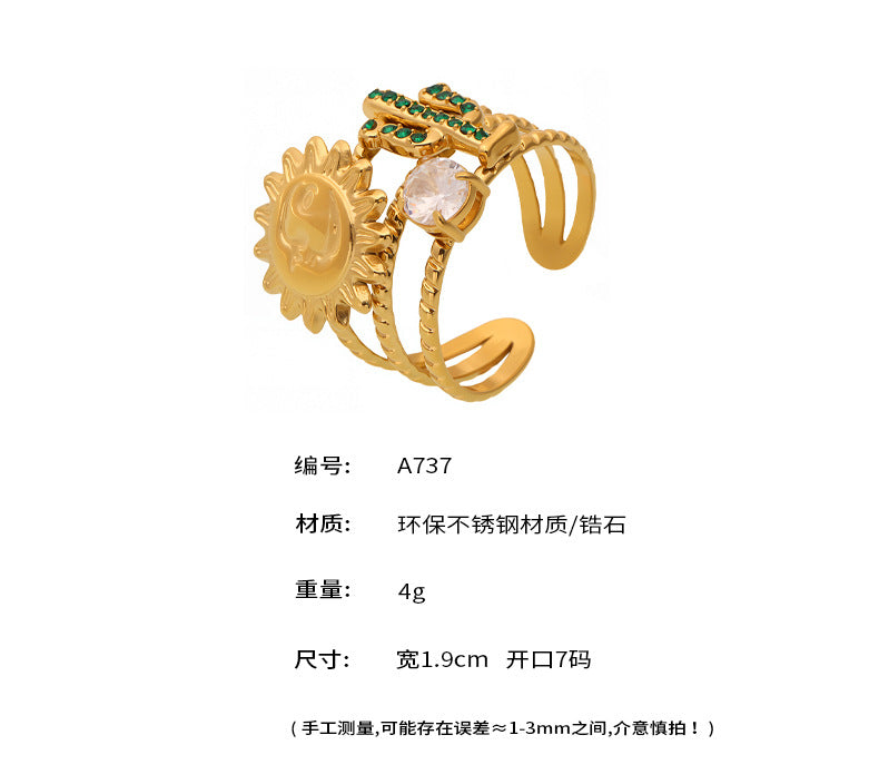 B廠-5A鋯石綠鑽仙人掌太陽女神戒指個性歐美風潮流不鏽鋼不掉色「A733」25.05-3